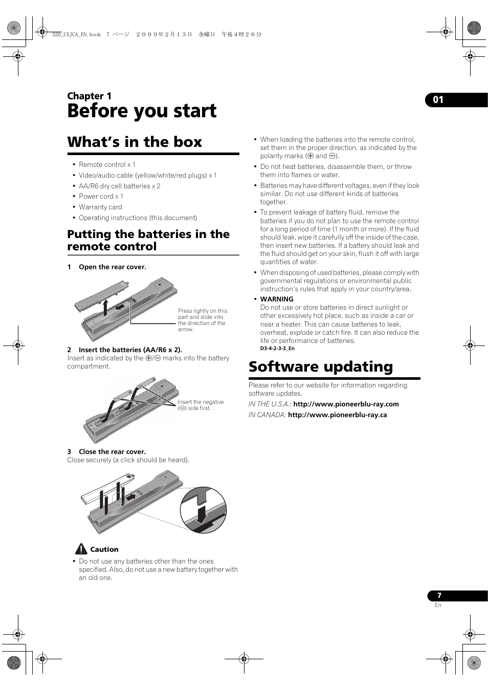 Before you start, What’s in the box, Putting the batteries in the remote control | Software updating, 01 before you start, Putting the batte, Ries in the remote control, Softwa, Re updating, 01 chapter 1 | Pioneer BDP-320 User Manual | Page 7 / 66