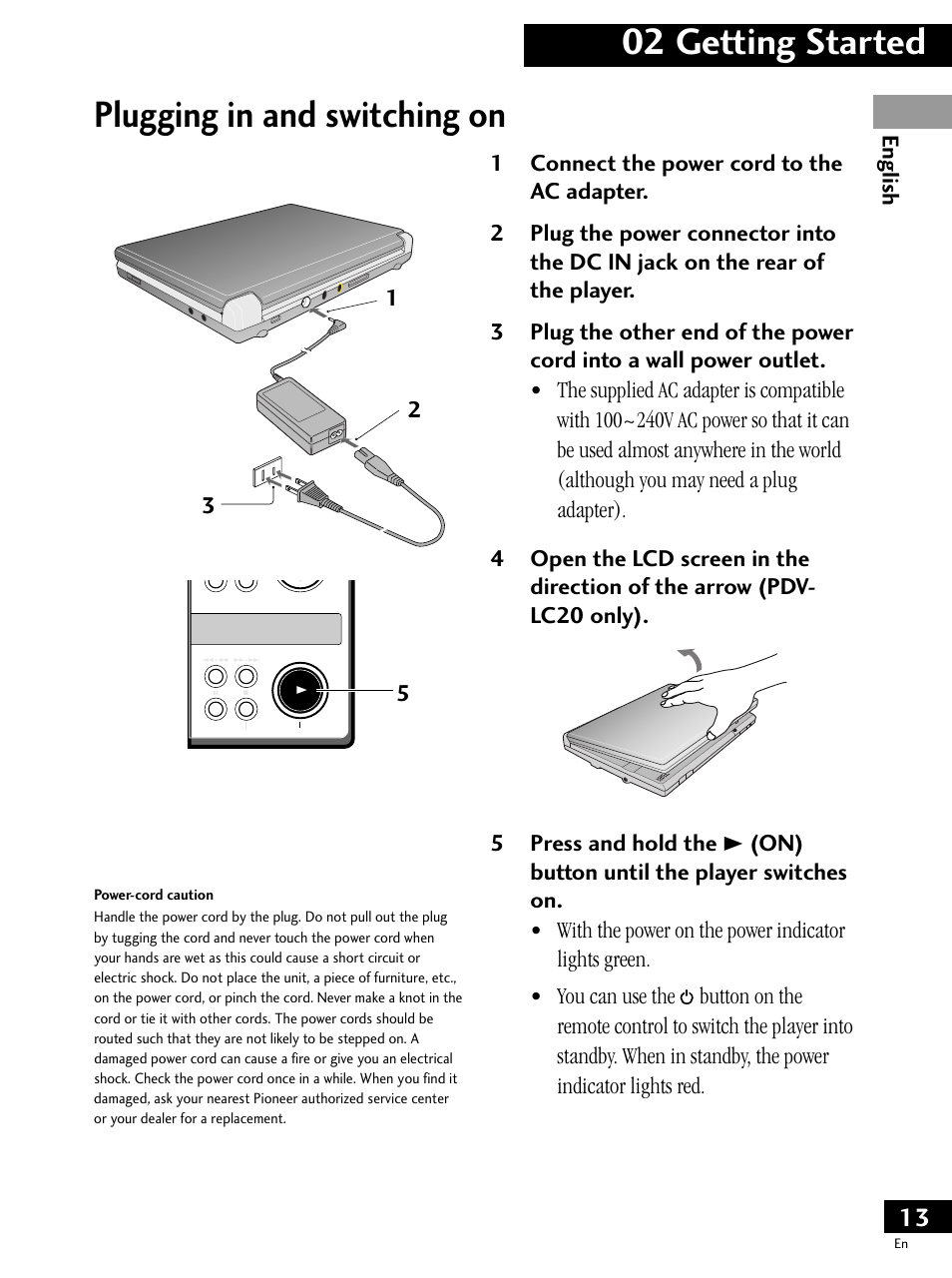 Plugging in and switching on, 02 getting started | Pioneer PDV-LC20 User Manual | Page 13 / 76
