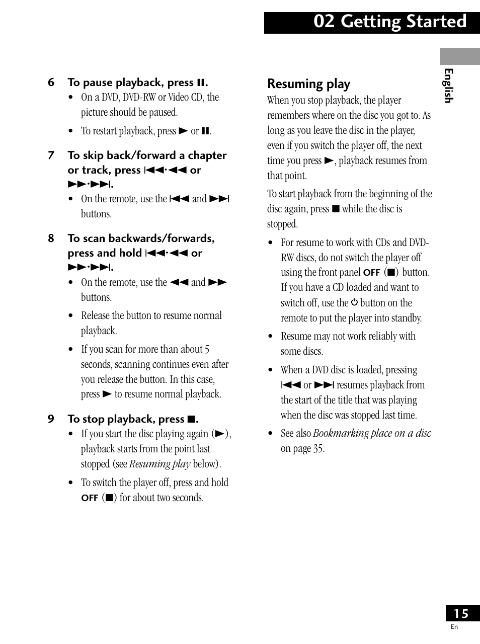02 getting started, Resuming play | Pioneer PDV-LC20 User Manual | Page 15 / 76