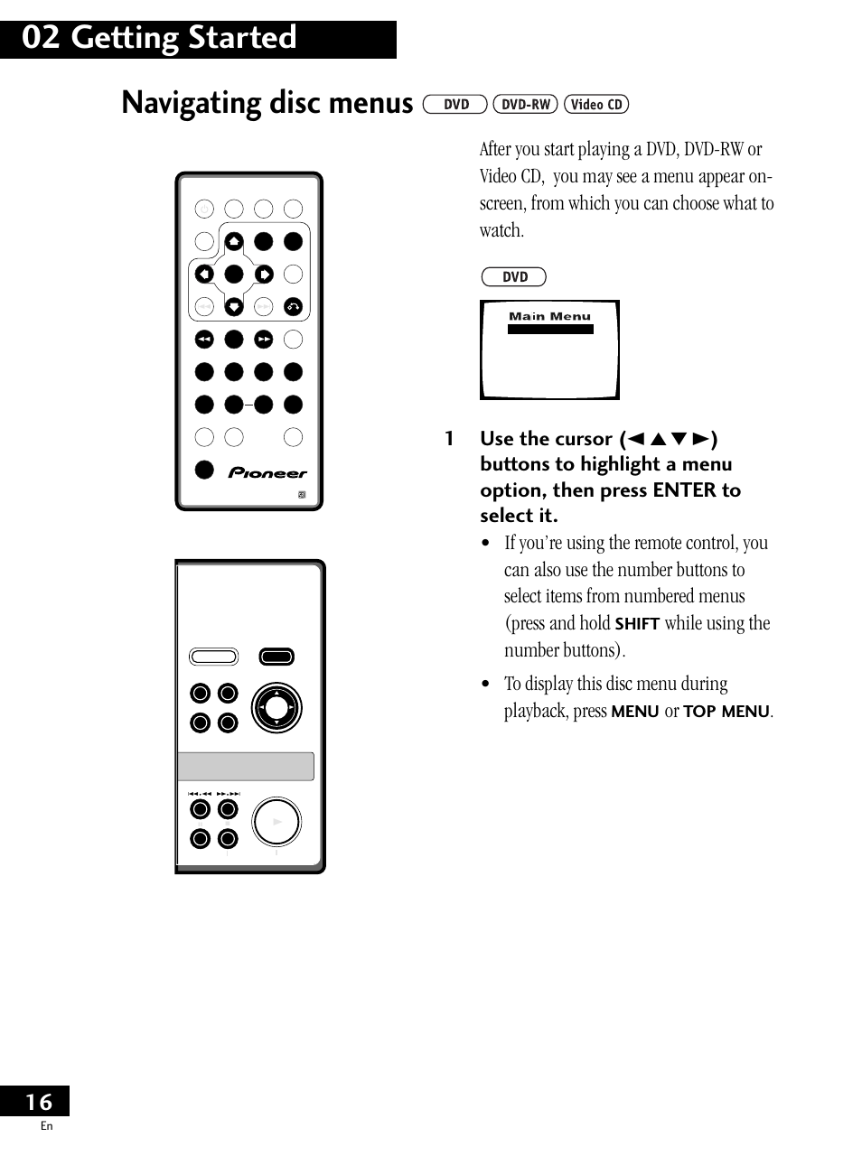 Navigating disc menus, 02 getting started, Shift | Menu | Pioneer PDV-LC20 User Manual | Page 16 / 76