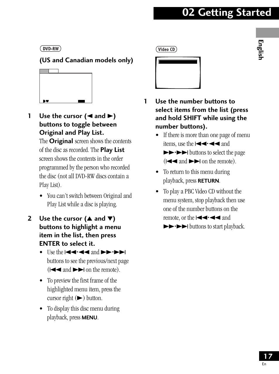 02 getting started, English (us and canadian models only) | Pioneer PDV-LC20 User Manual | Page 17 / 76
