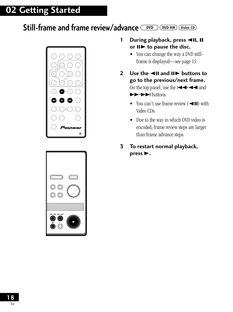 Still-frame and frame review/advance, 02 getting started | Pioneer PDV-LC20 User Manual | Page 18 / 76