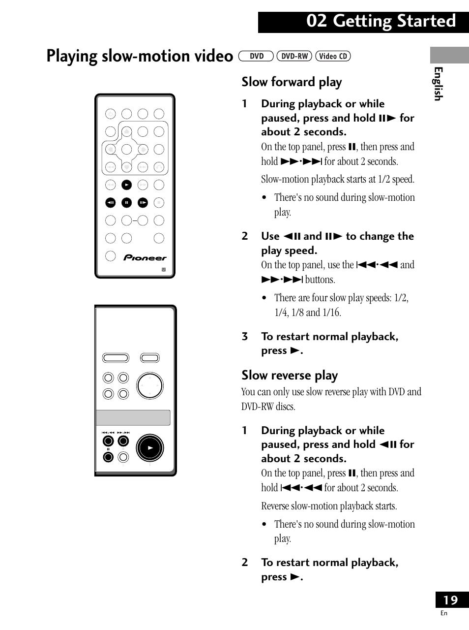 Playing slow-motion video, 02 getting started, Slow forward play | Slow reverse play, English | Pioneer PDV-LC20 User Manual | Page 19 / 76