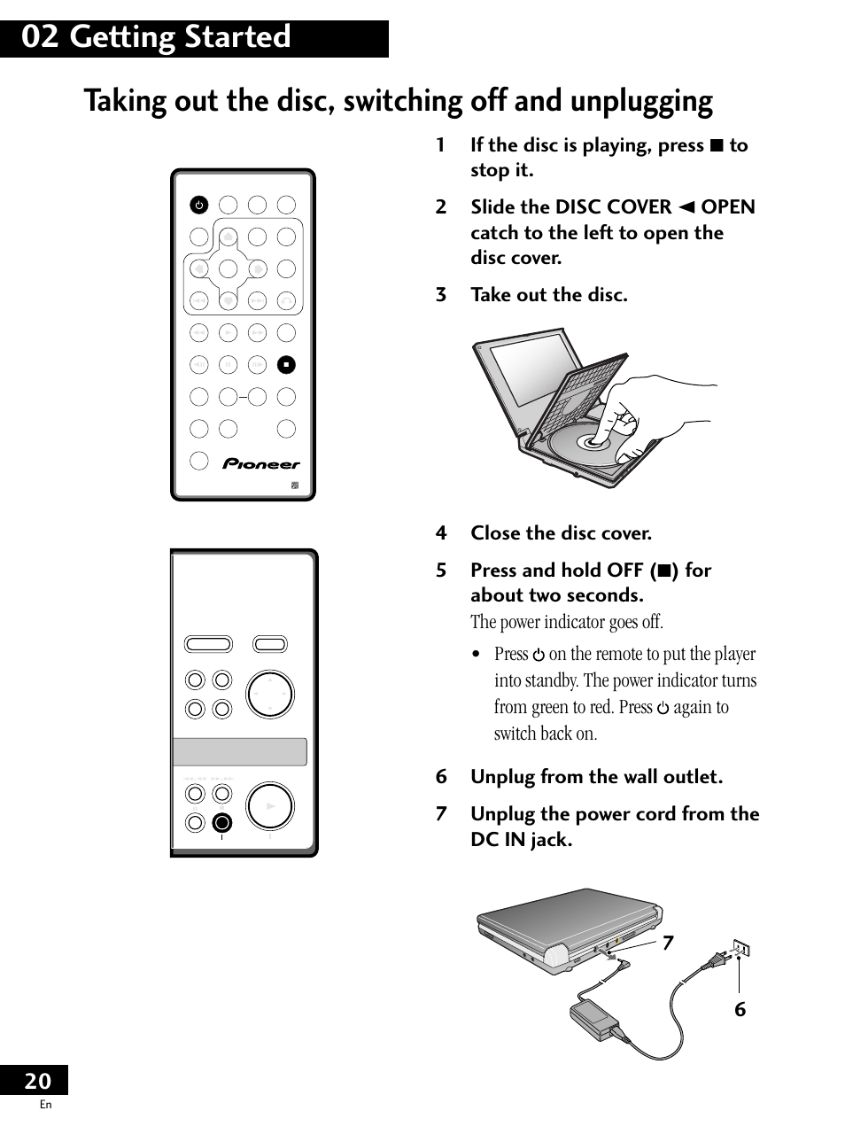 Taking out the disc, switching off and nplugging | Pioneer PDV-LC20 User Manual | Page 20 / 76