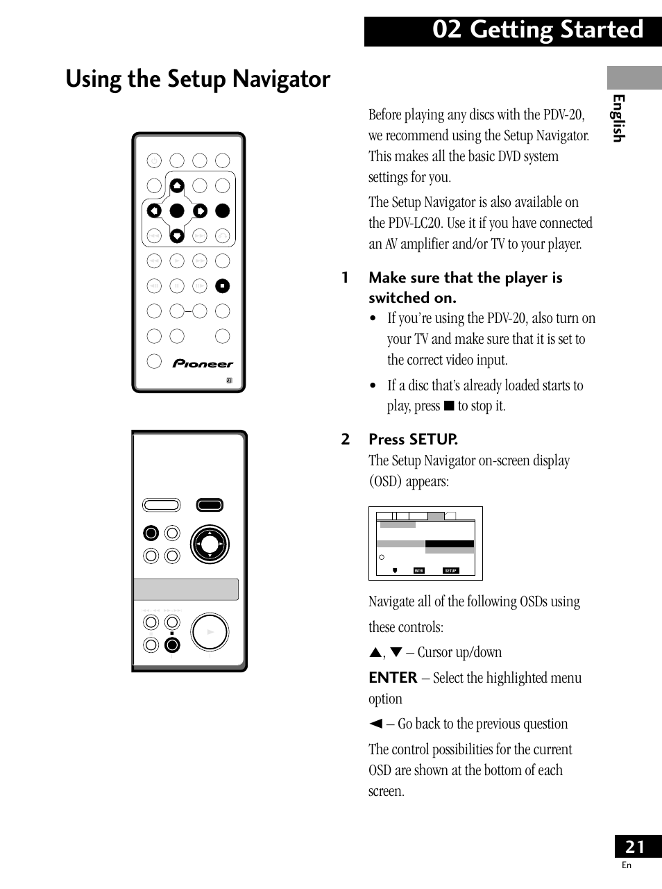 Using the setup navigator, 02 getting started | Pioneer PDV-LC20 User Manual | Page 21 / 76