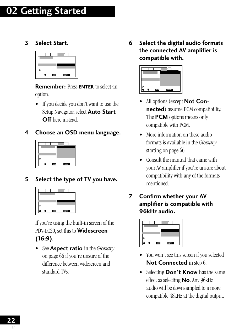 02 getting started, 3select start, Remember: press | 5select the type of tv you have, Enter | Pioneer PDV-LC20 User Manual | Page 22 / 76