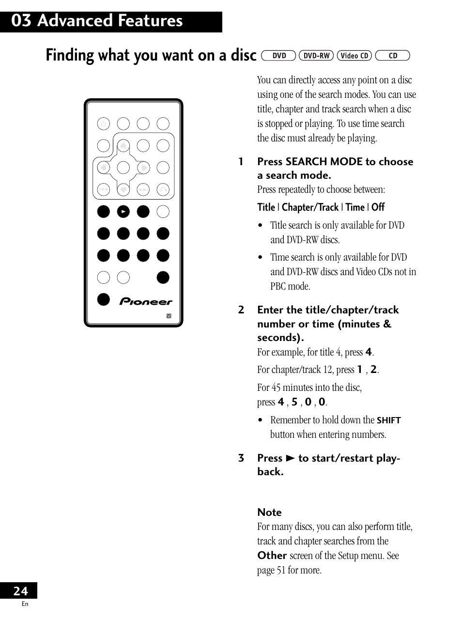 Finding what you want on a disc, 03 advanced features, Shift | Pioneer PDV-LC20 User Manual | Page 24 / 76