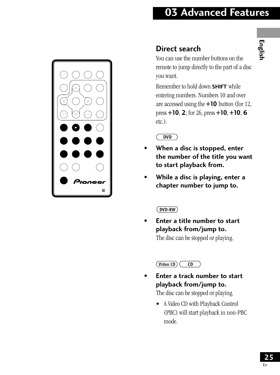 03 advanced features, Direct search, English | Shift | Pioneer PDV-LC20 User Manual | Page 25 / 76