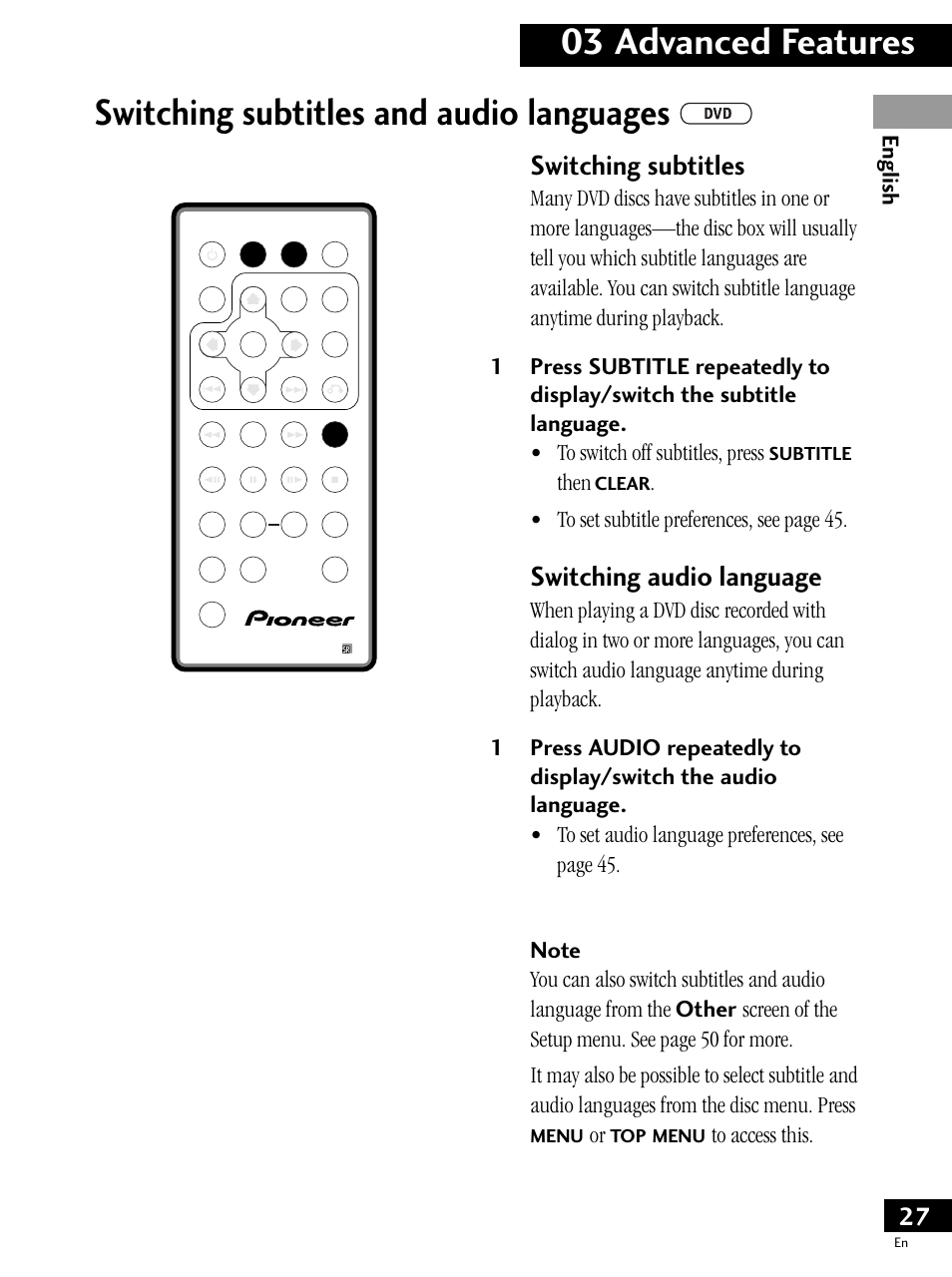 Switching subtitles and audio languages, 03 advanced features, Switching subtitles | Switching audio language, English, Then, Subtitle, Clear, Menu | Pioneer PDV-LC20 User Manual | Page 27 / 76