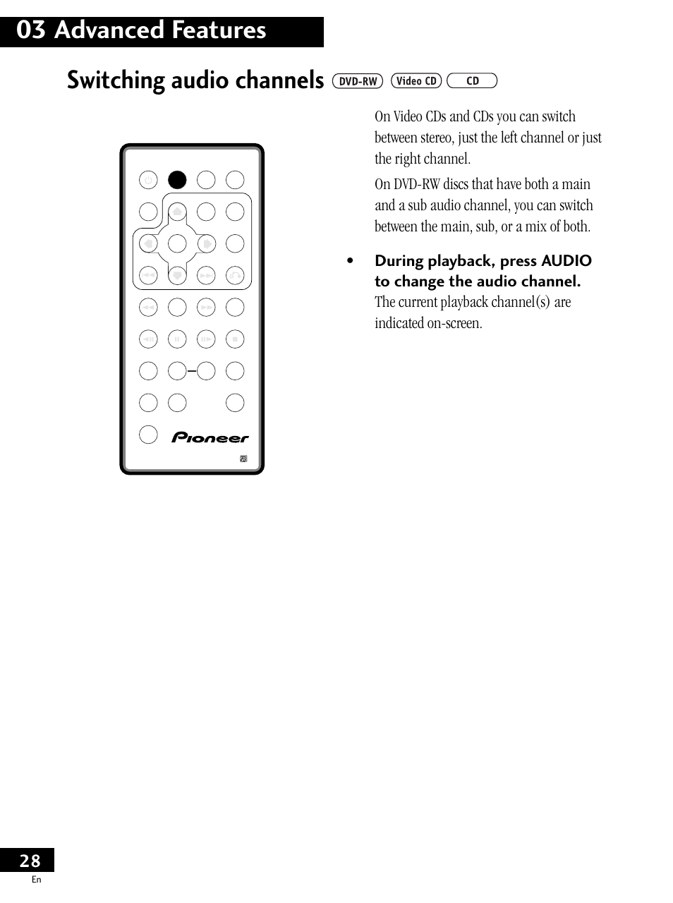 Switching audio channels, 03 advanced features | Pioneer PDV-LC20 User Manual | Page 28 / 76