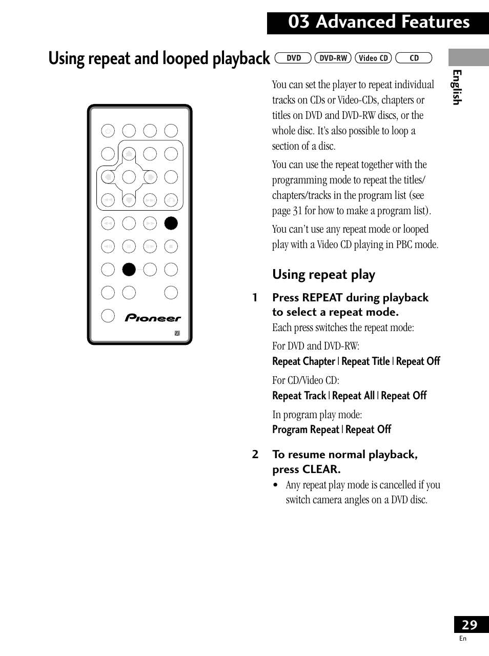 Using repeat and looped playback, 03 advanced features, Using repeat play | Pioneer PDV-LC20 User Manual | Page 29 / 76