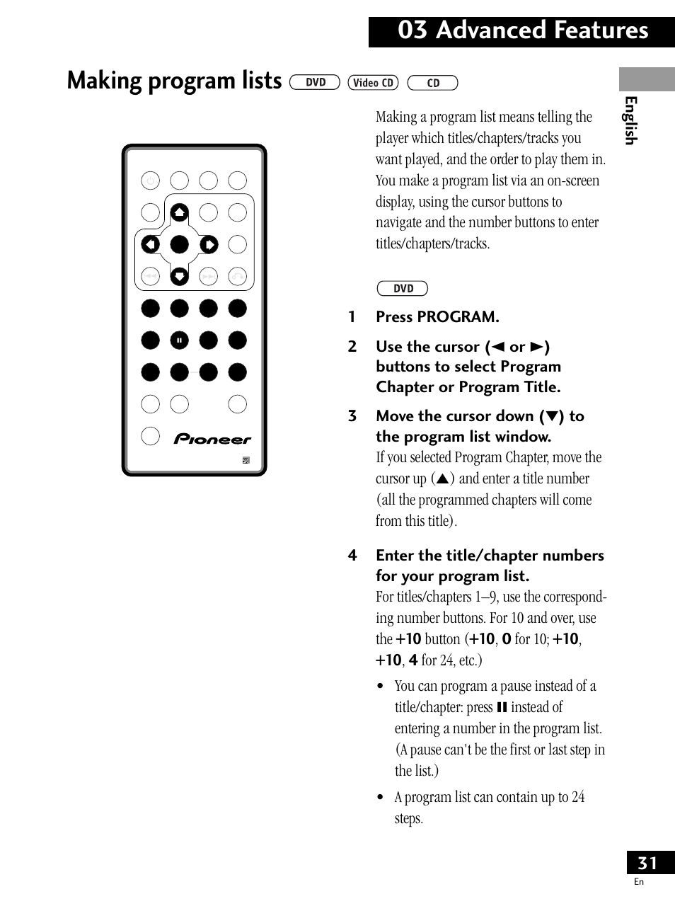 Making program lists, 03 advanced features | Pioneer PDV-LC20 User Manual | Page 31 / 76