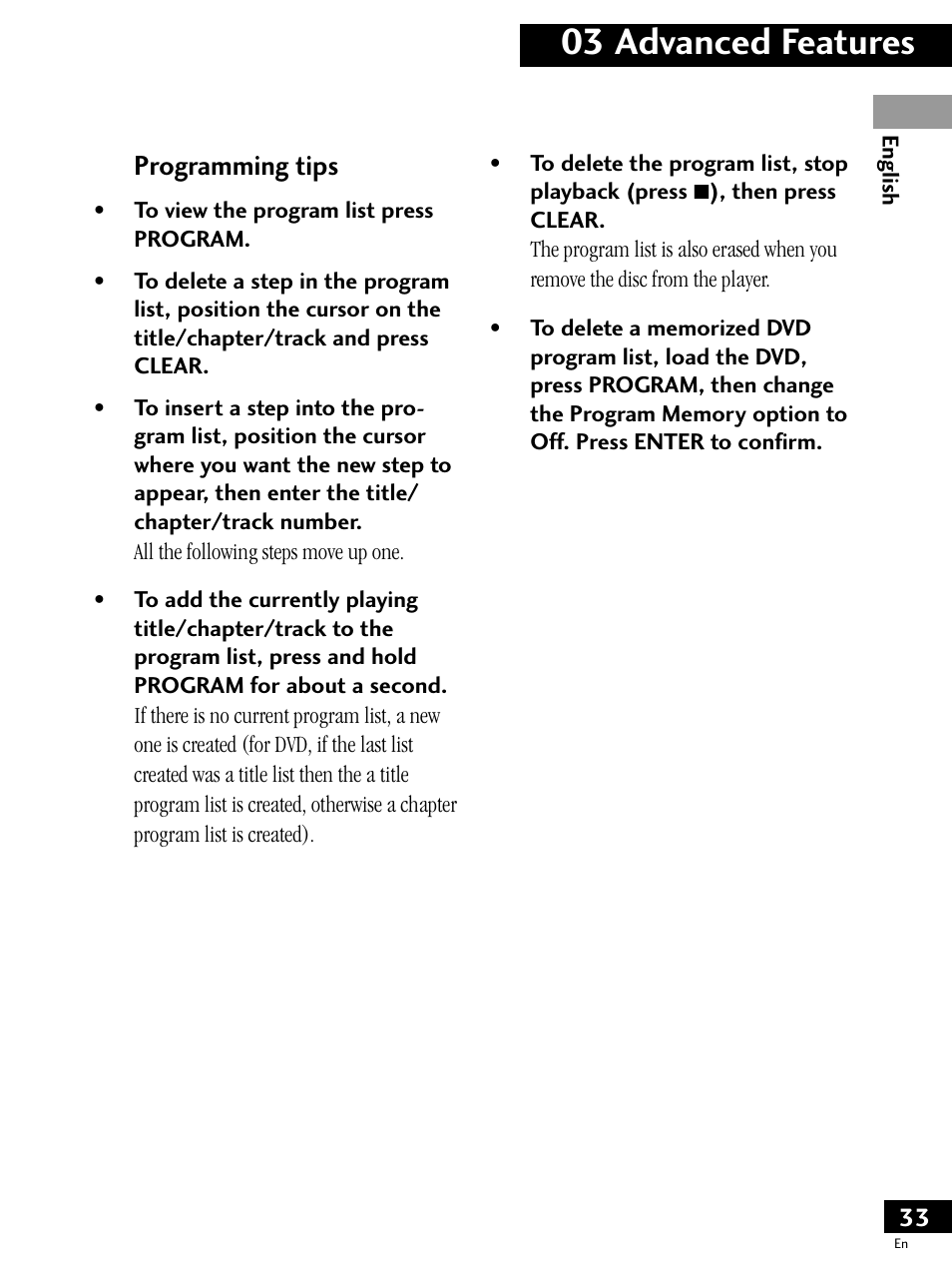 03 advanced features, Programming tips | Pioneer PDV-LC20 User Manual | Page 33 / 76