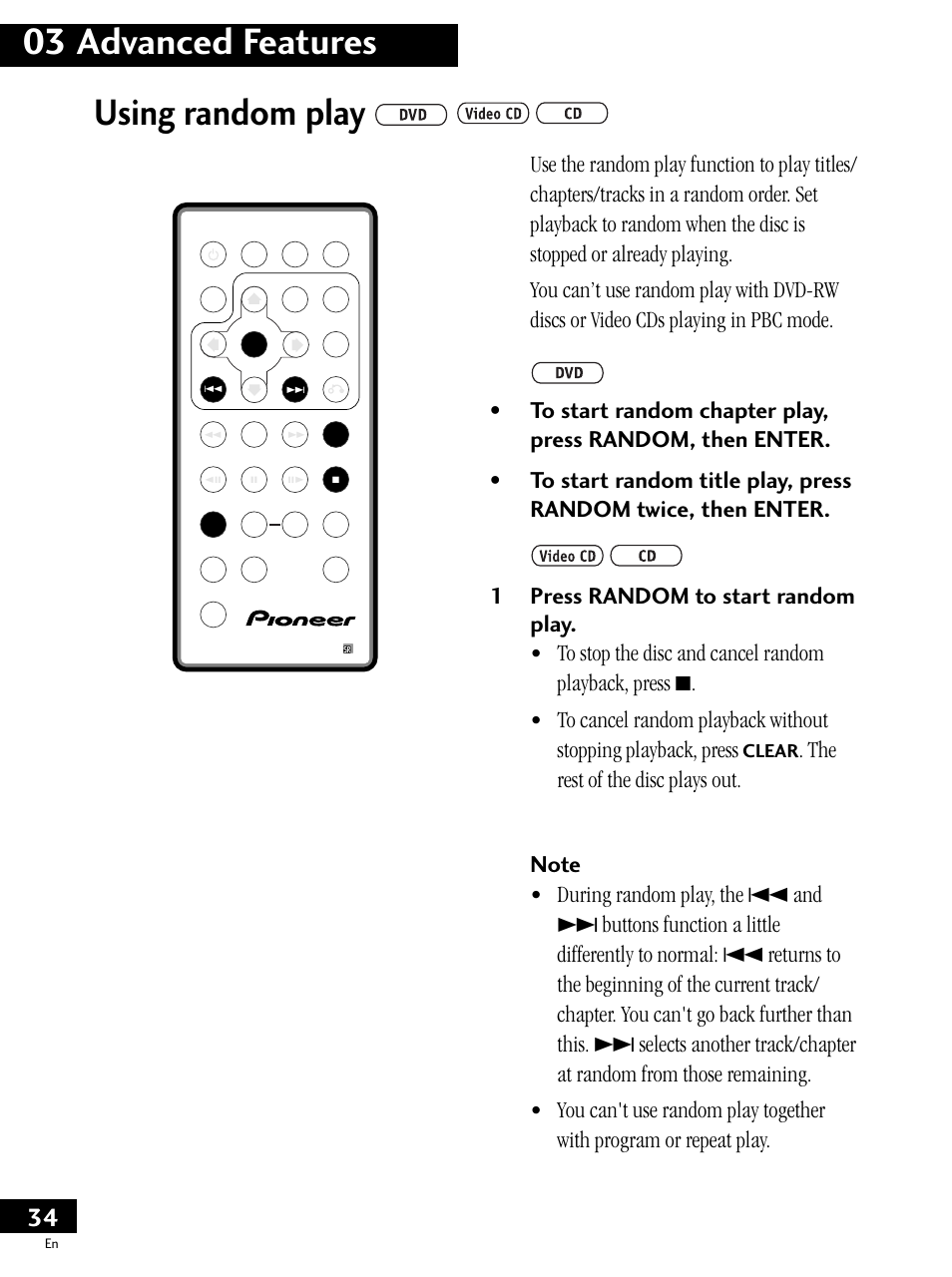 Using random play, 03 advanced features, Clear | Pioneer PDV-LC20 User Manual | Page 34 / 76
