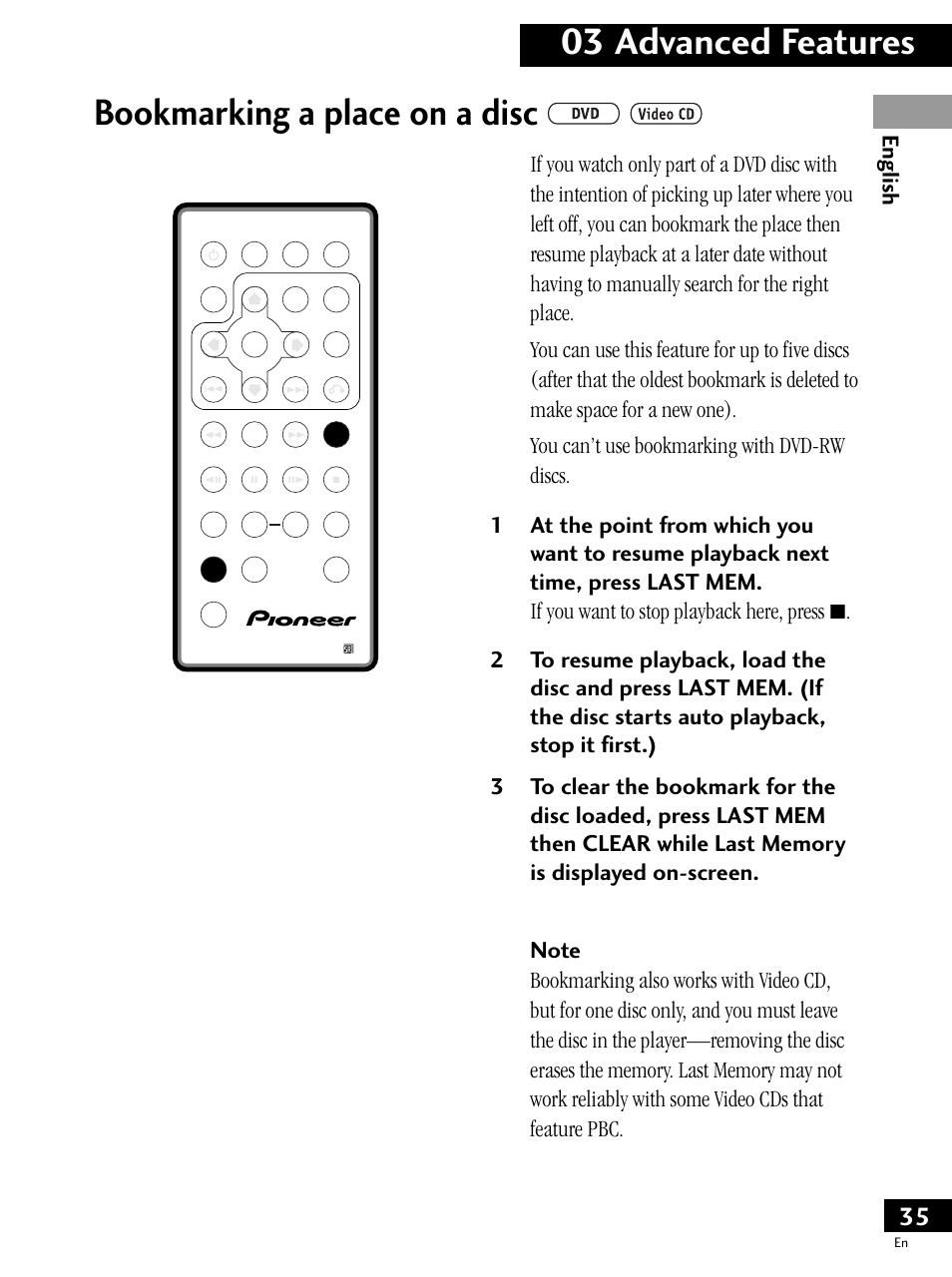 Bookmarking a place on a disc, 03 advanced features | Pioneer PDV-LC20 User Manual | Page 35 / 76