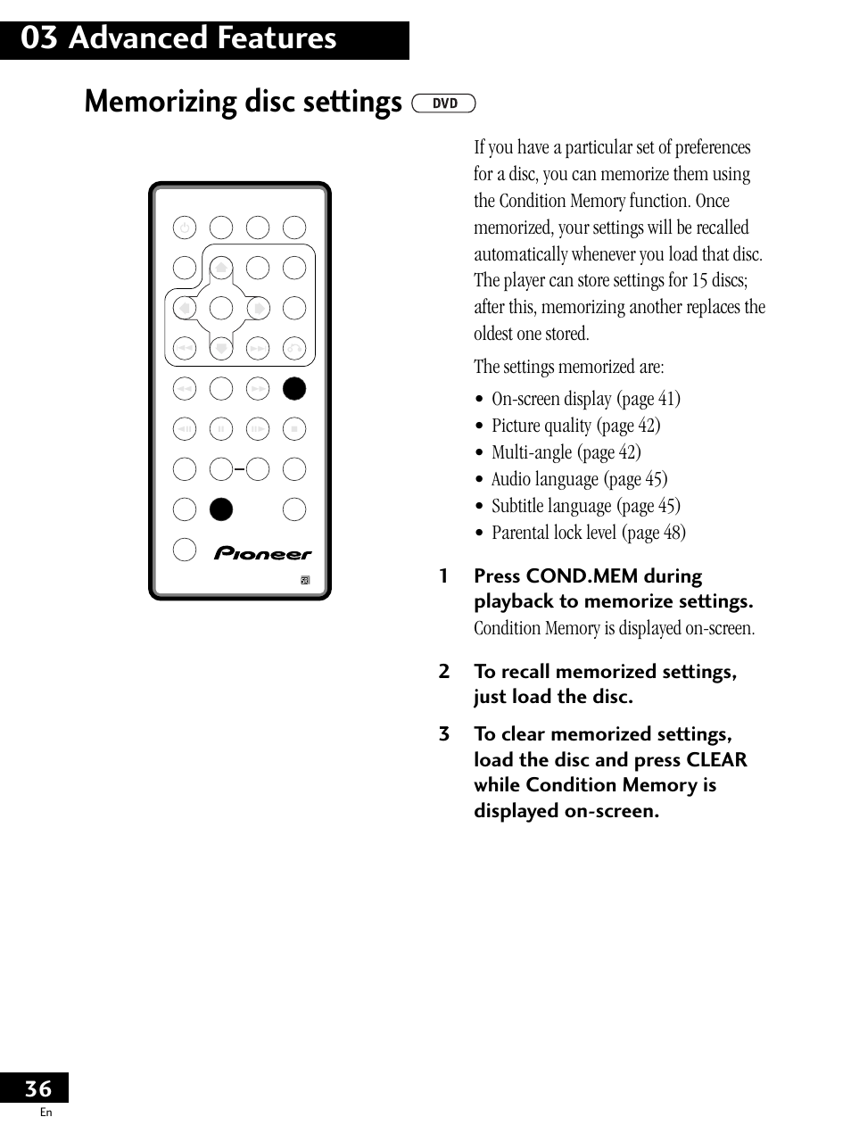 Memorizing disc settings1, 03 advanced features | Pioneer PDV-LC20 User Manual | Page 36 / 76