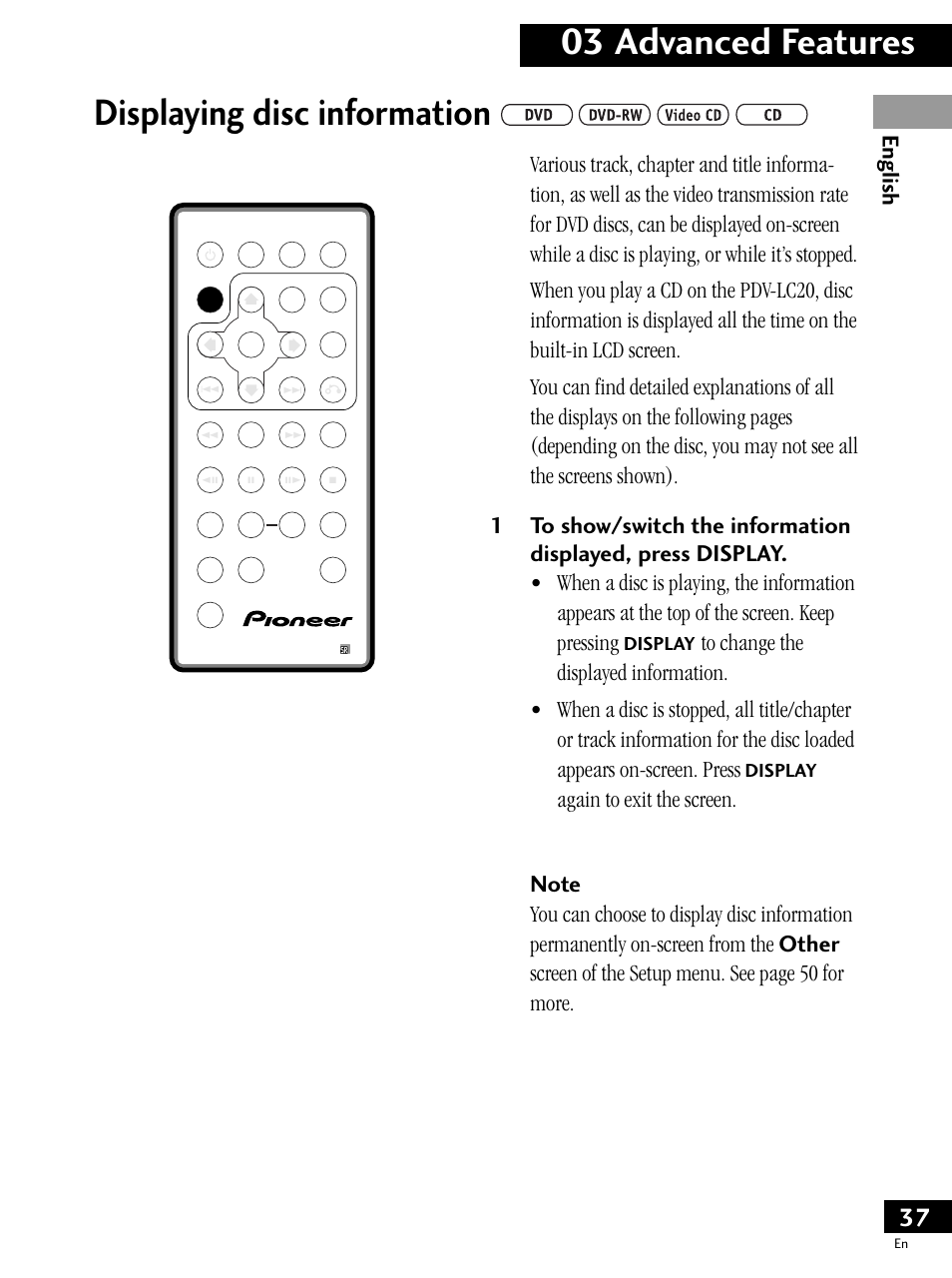 Displaying disc information, 03 advanced features, English | Display | Pioneer PDV-LC20 User Manual | Page 37 / 76