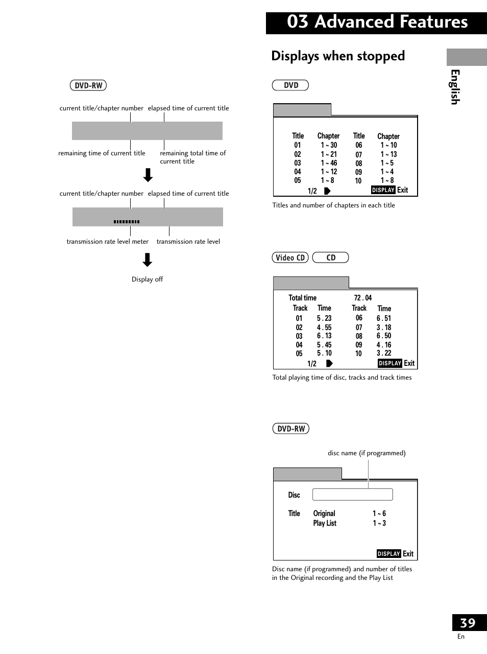 03 advanced features, Displays when stopped, English | Pioneer PDV-LC20 User Manual | Page 39 / 76