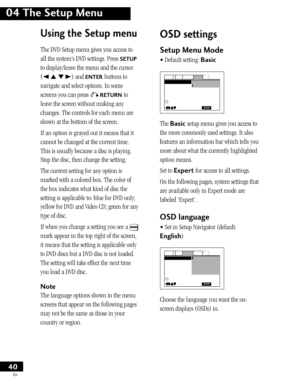 Using the setup menu osd settings, Using the setup menu osd language, 04 the setup menu using the setup menu | Osd settings, Setup menu mode, Osd language, Default setting: basic, Set in setup navigator (default: english ) | Pioneer PDV-LC20 User Manual | Page 40 / 76