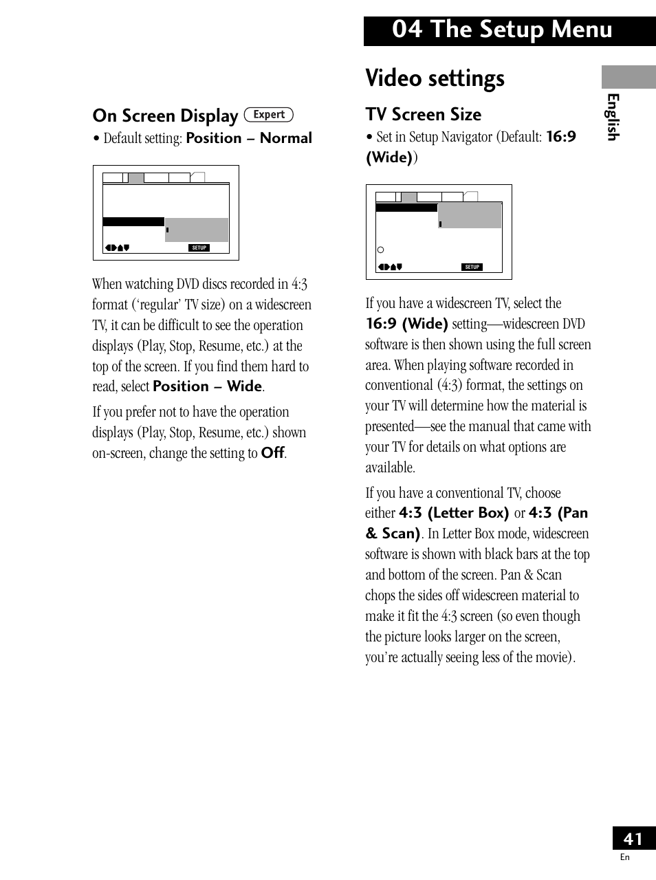 Video settings, 04 the setup menu, On screen display | Tv screen size, English, Default setting: position – normal, Set in setup navigator (default: 16:9 (wide) ) | Pioneer PDV-LC20 User Manual | Page 41 / 76