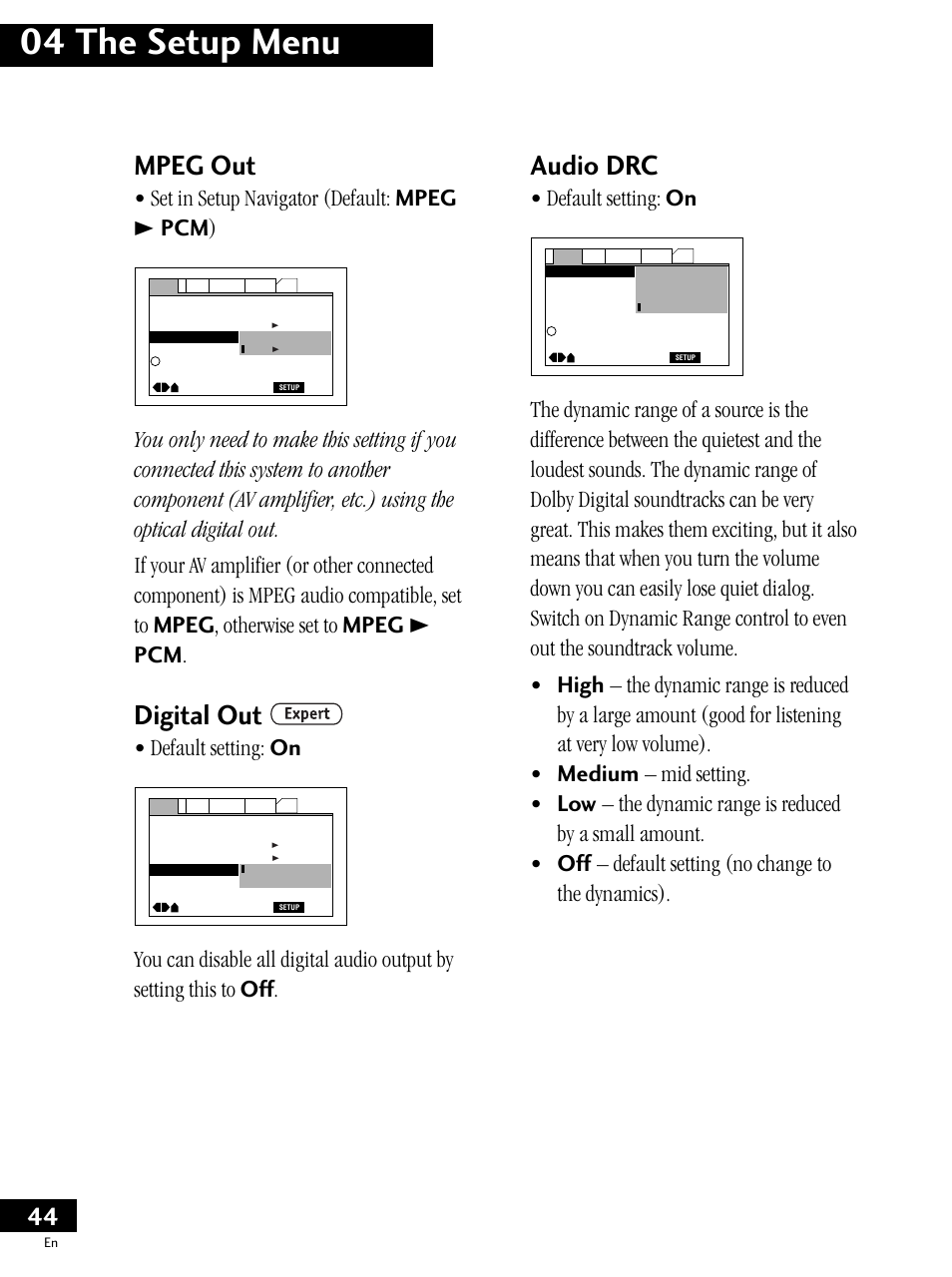 04 the setup menu, Mpeg out, Digital out | Audio drc, Set in setup navigator (default: mpeg 3 pcm ), Default setting: on | Pioneer PDV-LC20 User Manual | Page 44 / 76