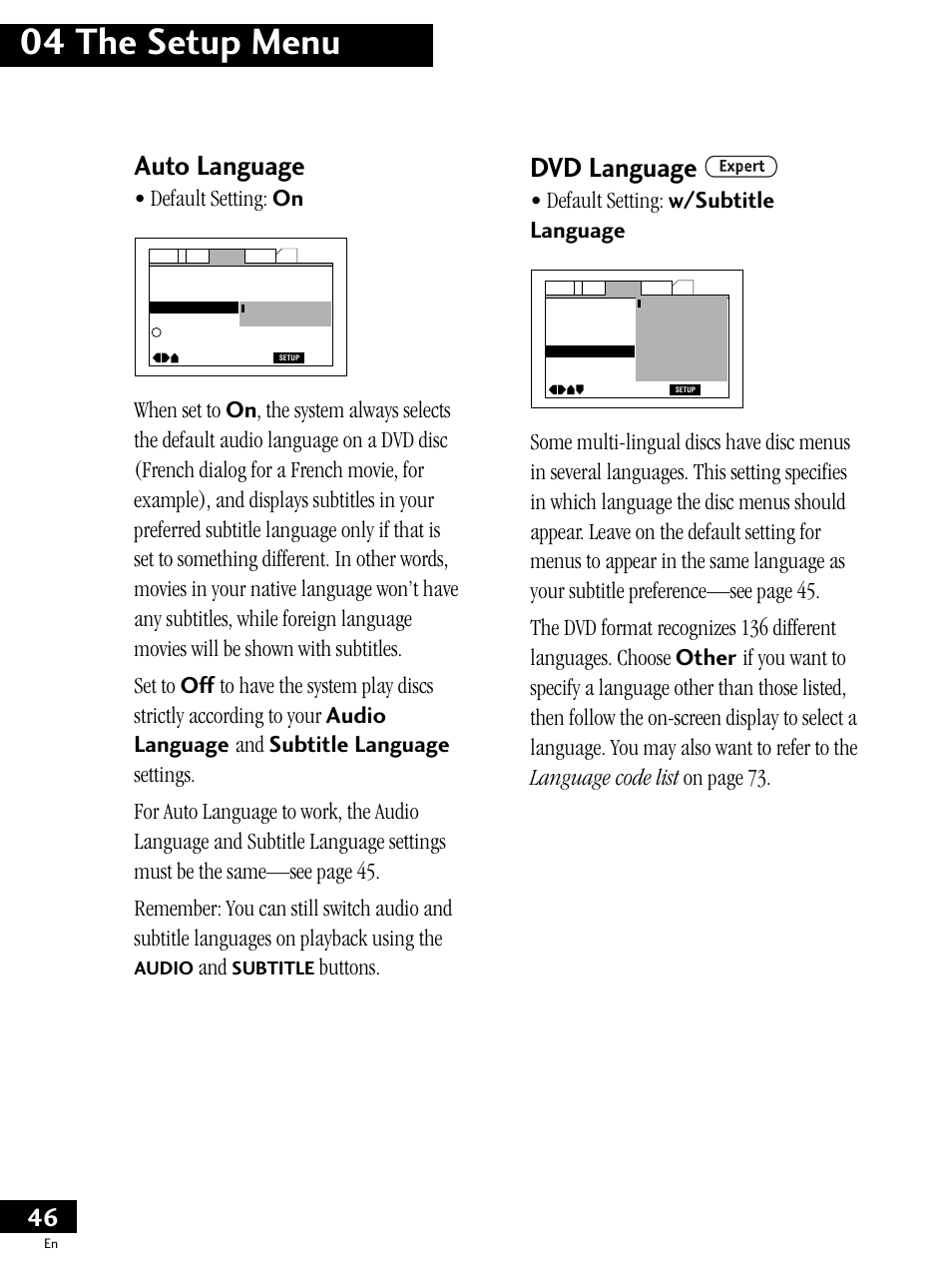 04 the setup menu, Auto language, Dvd language | Default setting: on, Buttons, Default setting: w/subtitle language, Audio, Subtitle | Pioneer PDV-LC20 User Manual | Page 46 / 76