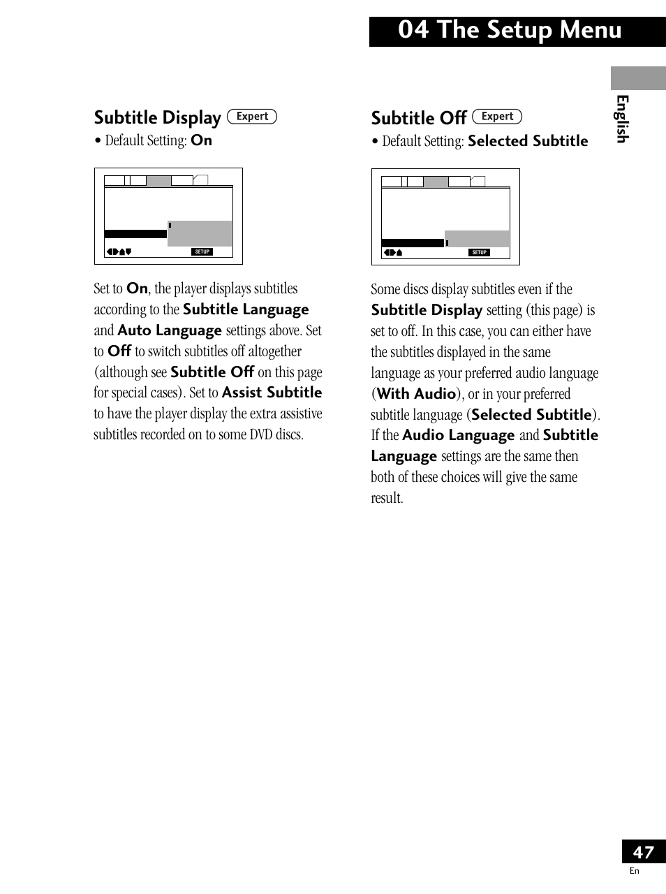 04 the setup menu, Subtitle display, Subtitle off | English, Default setting: on, Default setting: selected subtitle | Pioneer PDV-LC20 User Manual | Page 47 / 76