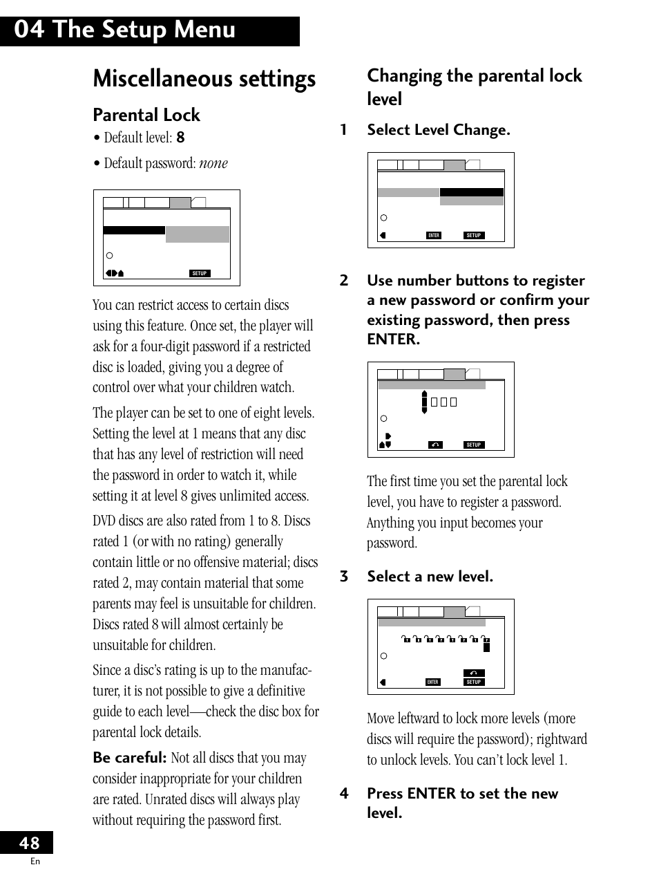 Miscellaneous settings, 04 the setup menu, Parental lock | Changing the parental lock level, Default level: 8 • default password: none, 1select level change | Pioneer PDV-LC20 User Manual | Page 48 / 76