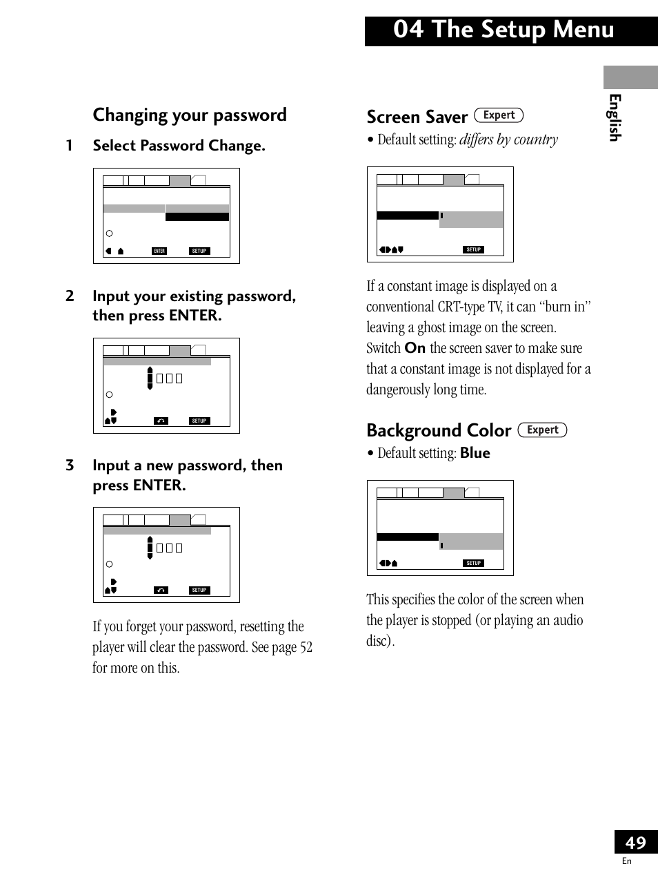 04 the setup menu, Changing your password, Screen saver | Background color, English, 1select password change, 2input your existing password, then press enter, 3input a new password, then press enter, Default setting: differs by country, Default setting: blue | Pioneer PDV-LC20 User Manual | Page 49 / 76