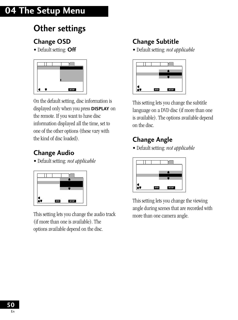 Other settings, 04 the setup menu, Change osd | Change audio, Change subtitle, Change angle, Default setting: off, Default setting: not applicable, Display | Pioneer PDV-LC20 User Manual | Page 50 / 76