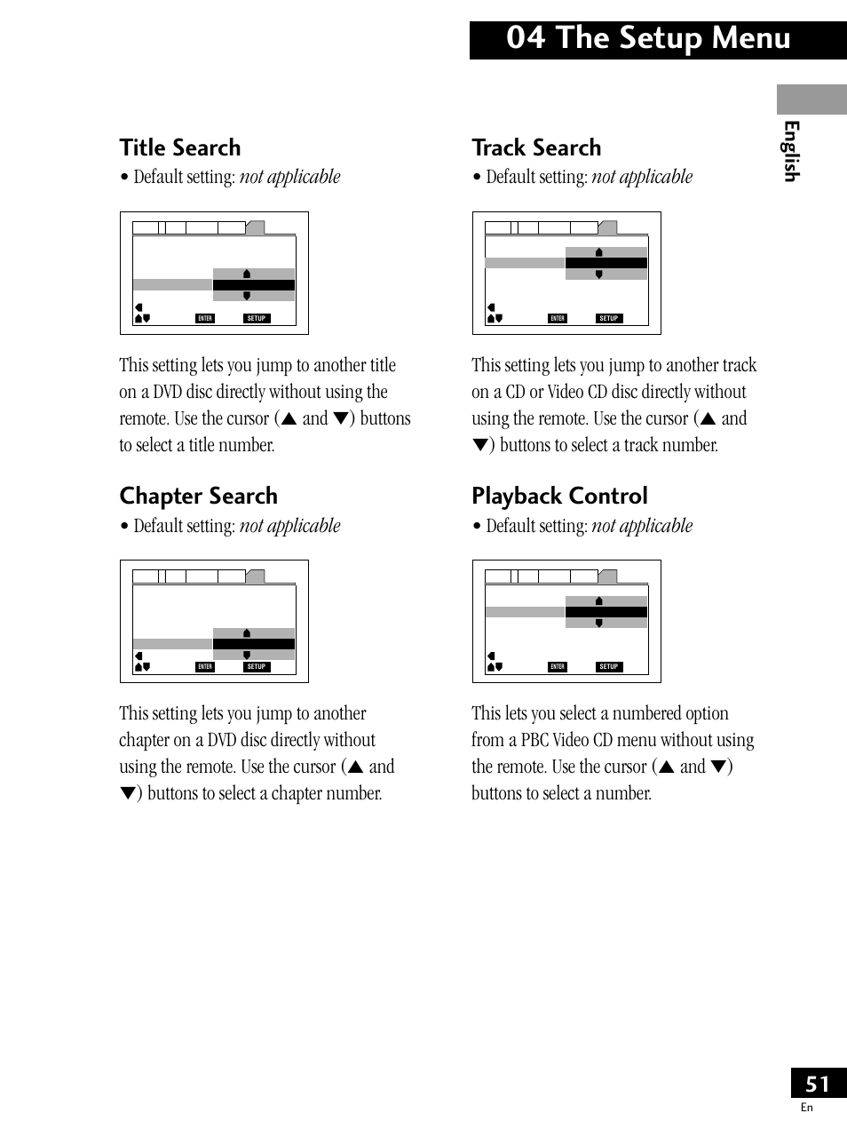 04 the setup menu, Title search, Chapter search | Track search, Playback control, English, Default setting: not applicable | Pioneer PDV-LC20 User Manual | Page 51 / 76