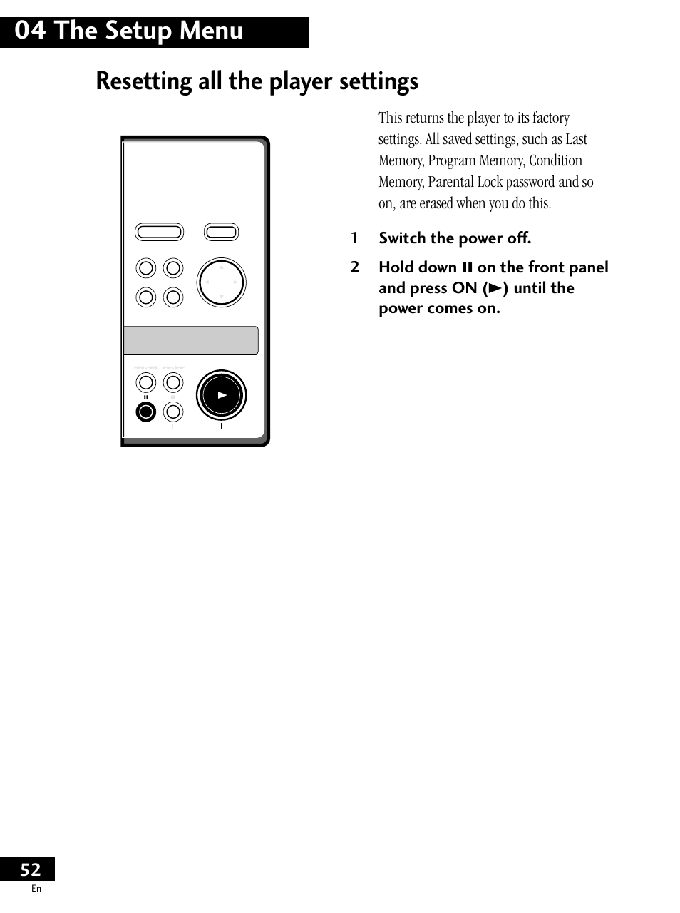 Resetting all the player settings | Pioneer PDV-LC20 User Manual | Page 52 / 76