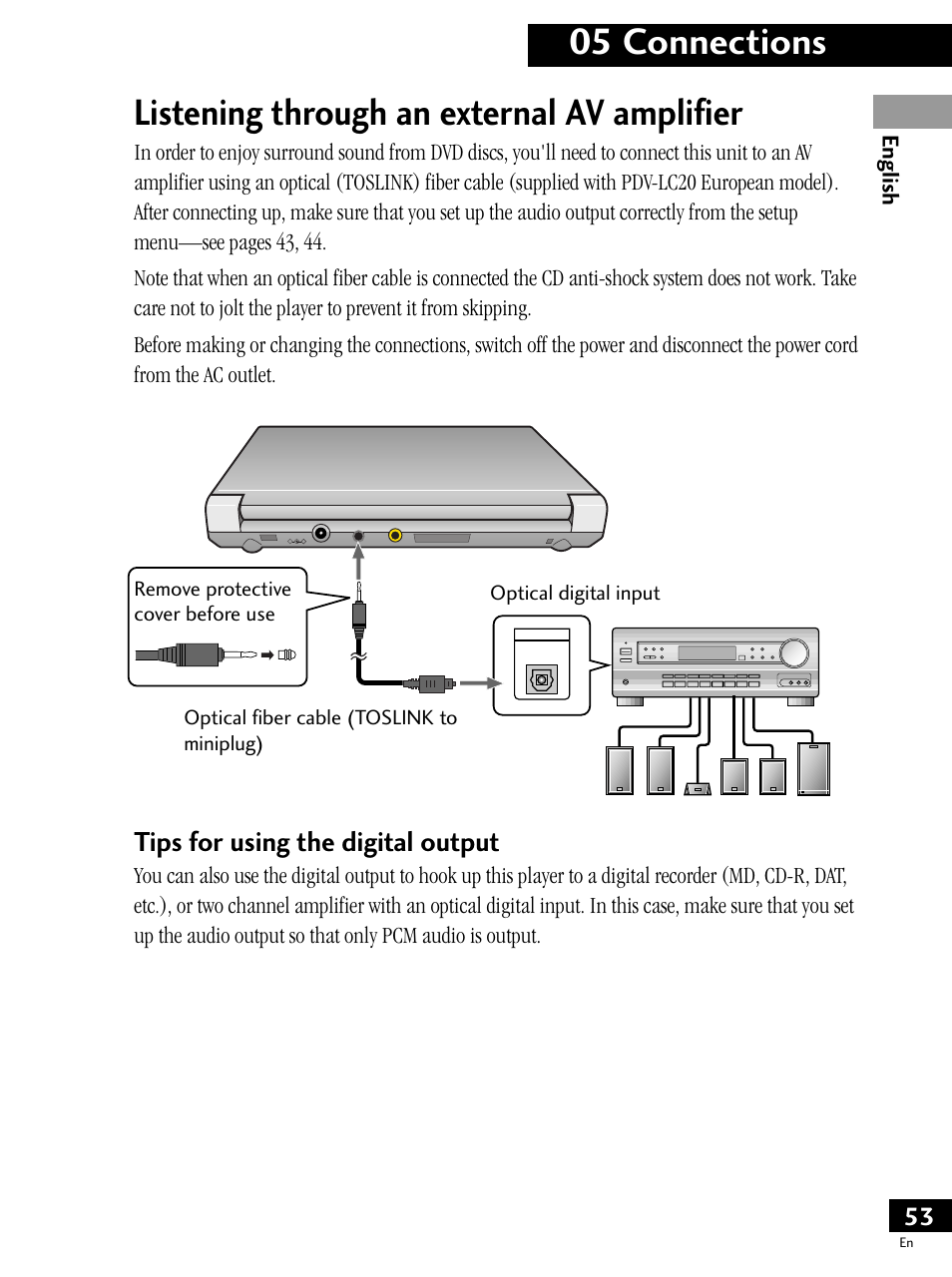 Listening through an external av amplifier, 05 connections, Tips for using the digital output | English | Pioneer PDV-LC20 User Manual | Page 53 / 76