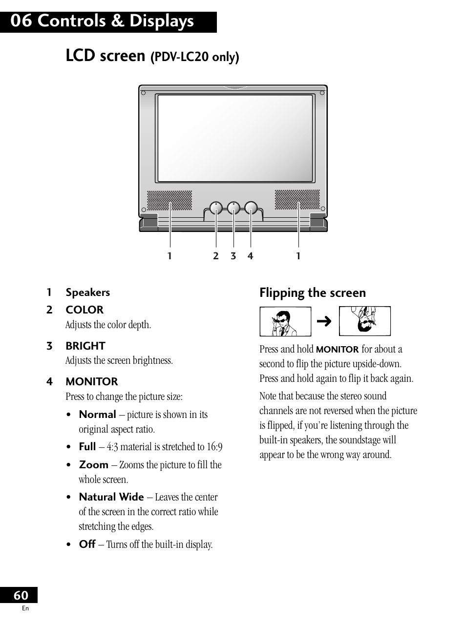 Lcd screen (pdv-lc20 only), 06 controls & displays, Lcd screen | Pdv-lc20 only) flipping the screen | Pioneer PDV-LC20 User Manual | Page 60 / 76