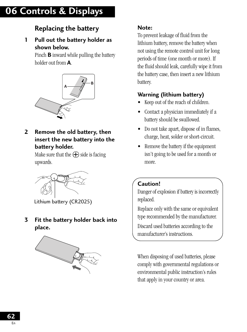 06 controls & displays, Replacing the battery | Pioneer PDV-LC20 User Manual | Page 62 / 76