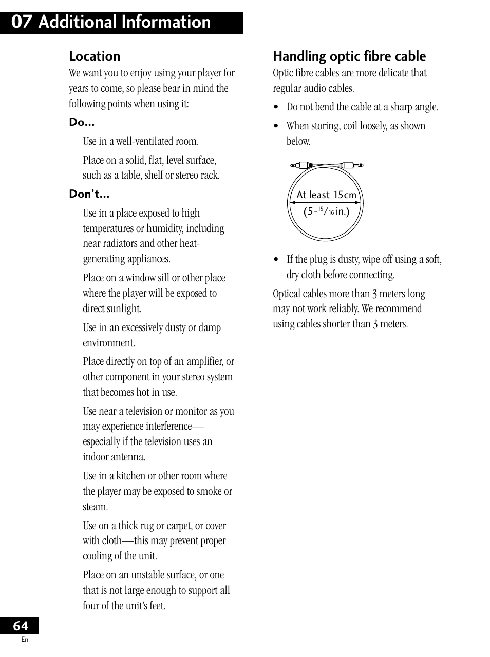 07 additional information, Location, Handling optic fibre cable | Pioneer PDV-LC20 User Manual | Page 64 / 76