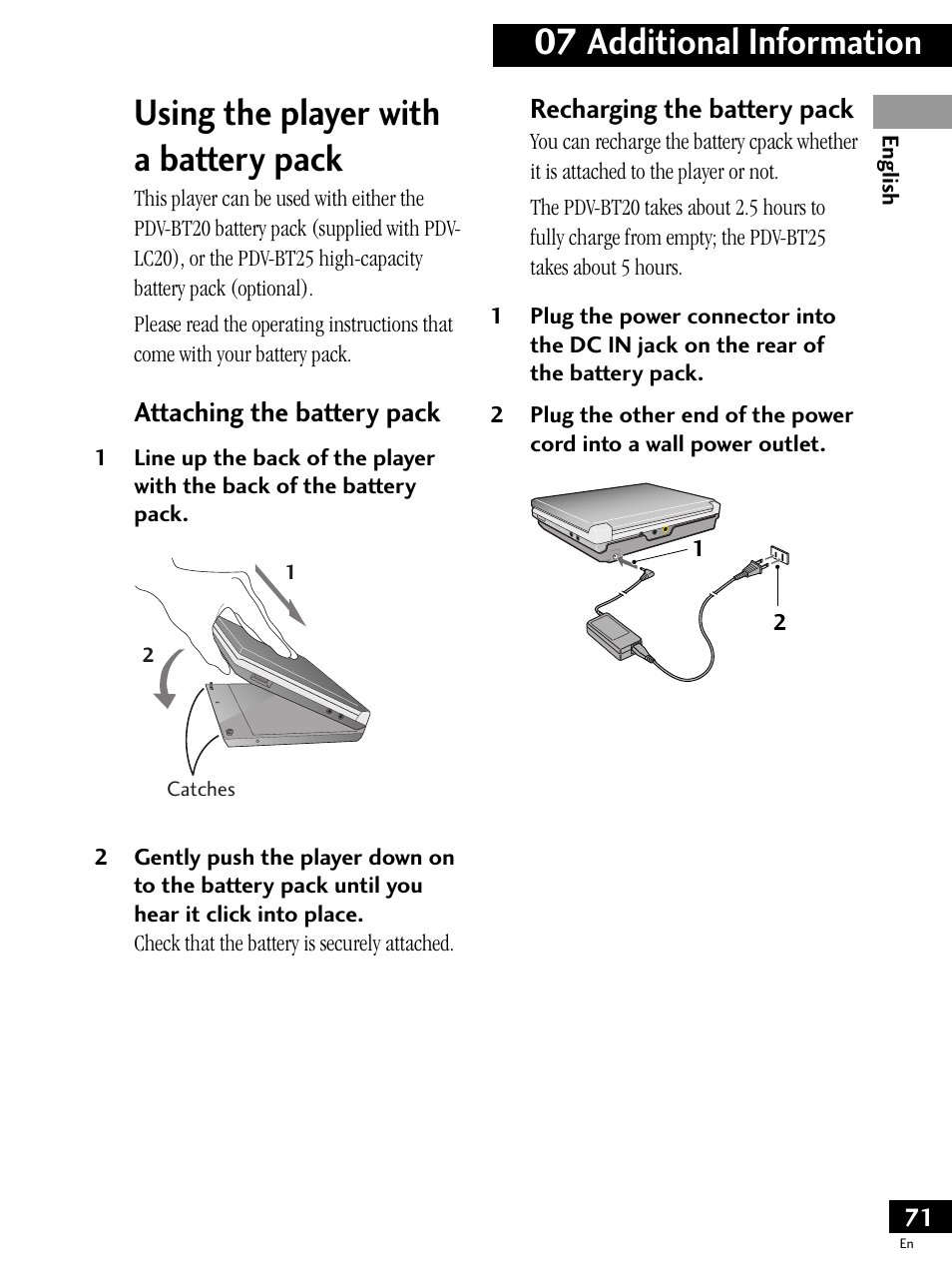 Using the player with a battery pack, 07 additional information, Attaching the battery pack | Recharging the battery pack | Pioneer PDV-LC20 User Manual | Page 71 / 76