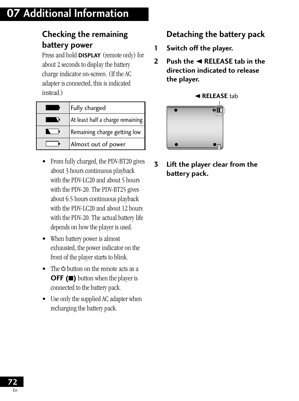 07 additional information, Detaching the battery pack, Checking the remaining battery power | Pioneer PDV-LC20 User Manual | Page 72 / 76