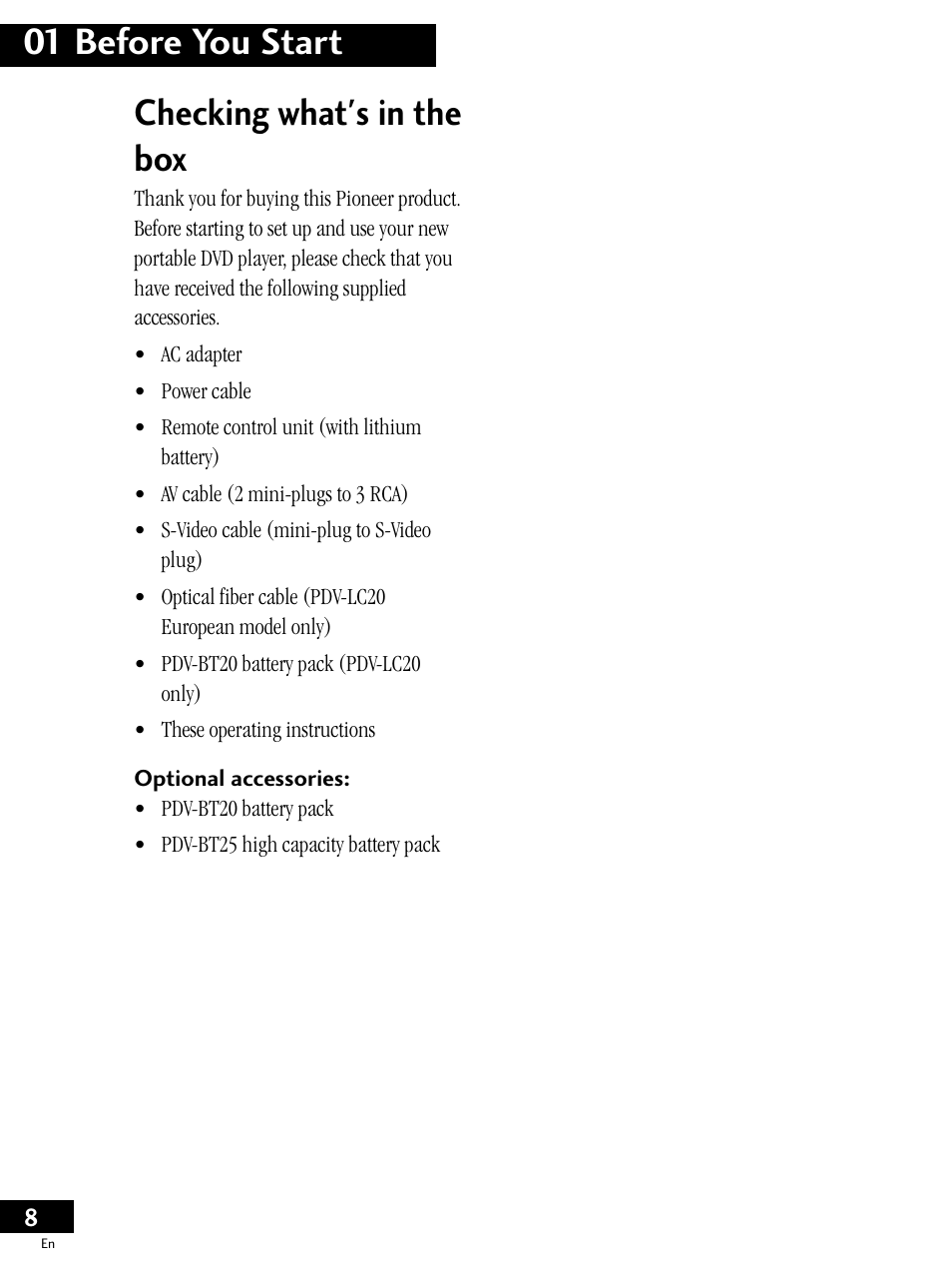 Checking what's in the box, 01 before you start checking what's in the box | Pioneer PDV-LC20 User Manual | Page 8 / 76