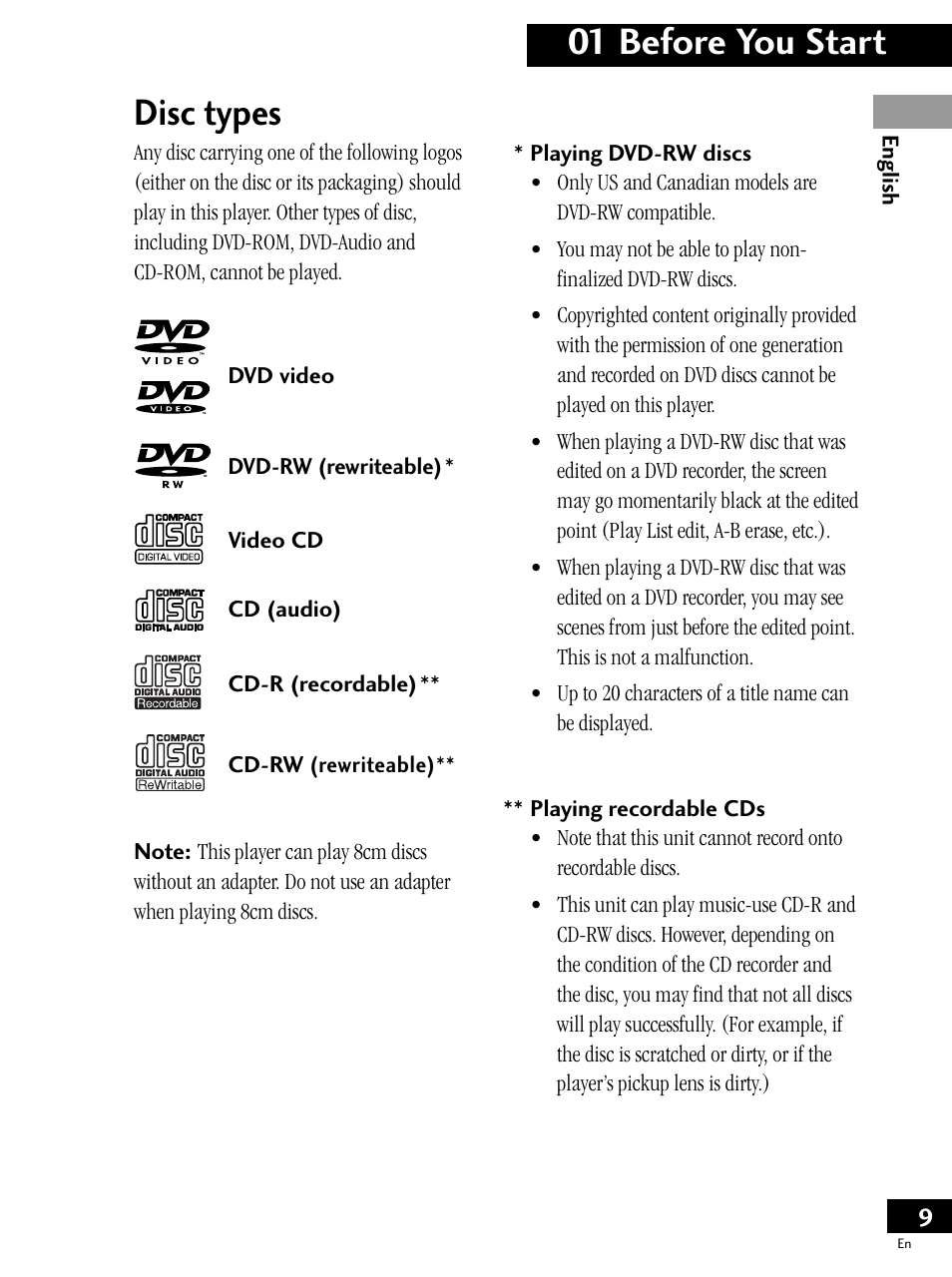 Disc types, 01 before you start | Pioneer PDV-LC20 User Manual | Page 9 / 76