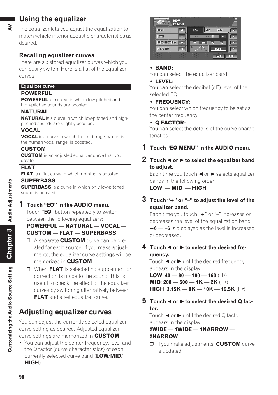 Using the equalizer, Adjusting equalizer curves 98, Adjusting equalizer curves | Pioneer AVIC-D1 User Manual | Page 100 / 133