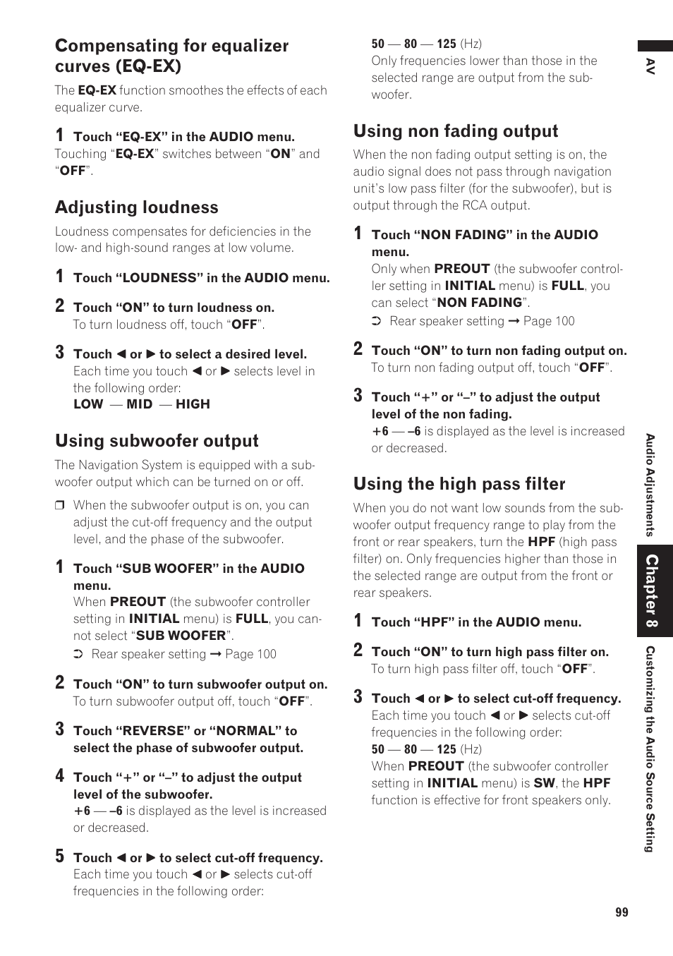 Compensating for equalizer curves (eq-ex), Adjusting loudness, Using subwoofer output | Using non fading output, Using the high pass filter | Pioneer AVIC-D1 User Manual | Page 101 / 133