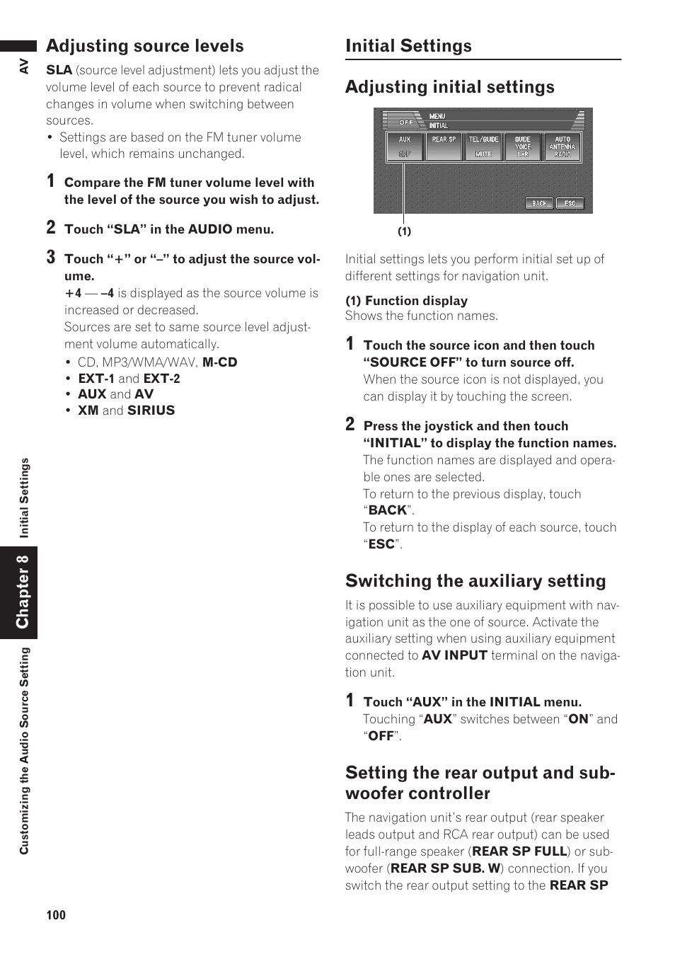 Adjusting source levels 100, Initial settings 100, Controller | Troller, Adjusting source levels, Initial settings adjusting initial settings, Switching the auxiliary setting, Setting the rear output and sub- woofer controller | Pioneer AVIC-D1 User Manual | Page 102 / 133