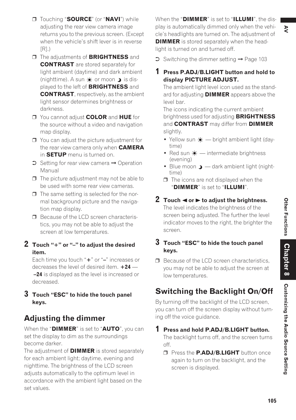 Adjusting the dimmer, Switching the backlight on/off | Pioneer AVIC-D1 User Manual | Page 107 / 133