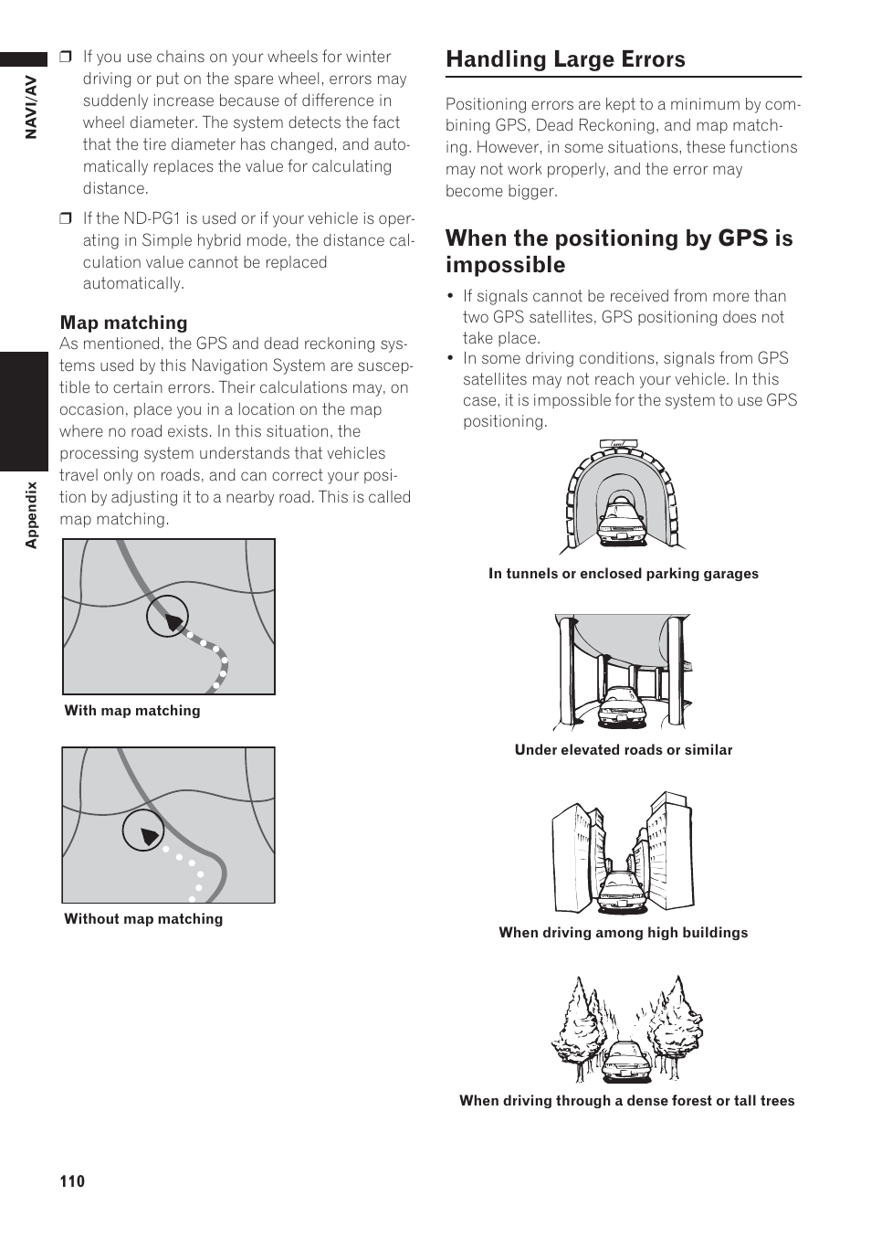 Handling large errors, When the positioning by gps is impossible | Pioneer AVIC-D1 User Manual | Page 112 / 133