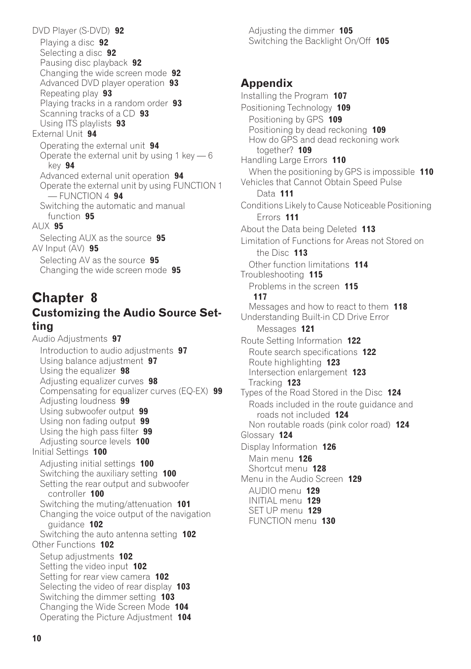 Chapter 8, Customizing the audio source set- ting, Appendix | Pioneer AVIC-D1 User Manual | Page 12 / 133
