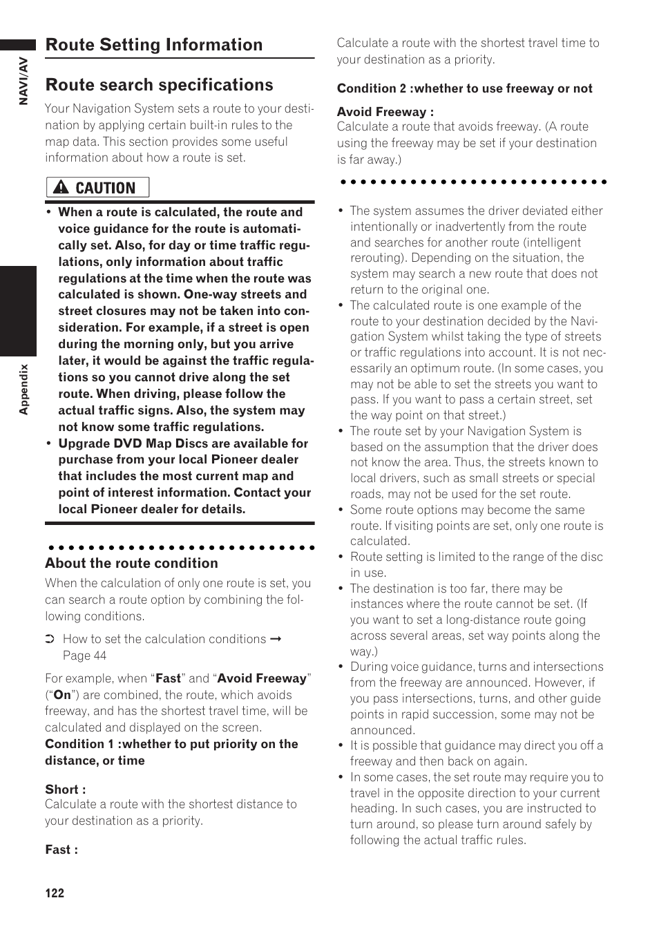 Route setting information 122, Route search specifications | Pioneer AVIC-D1 User Manual | Page 124 / 133