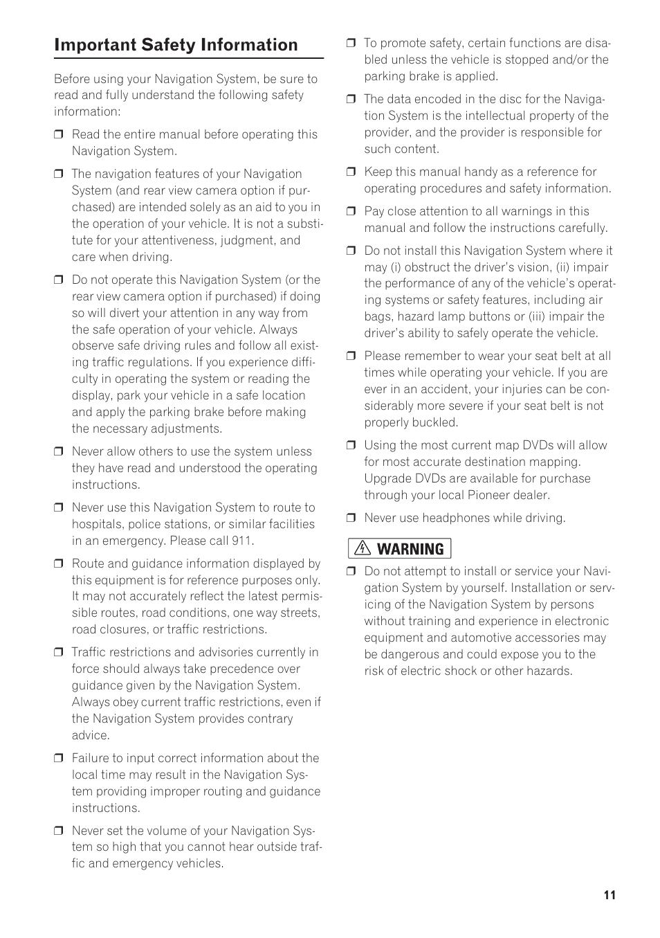 Important safety information | Pioneer AVIC-D1 User Manual | Page 13 / 133
