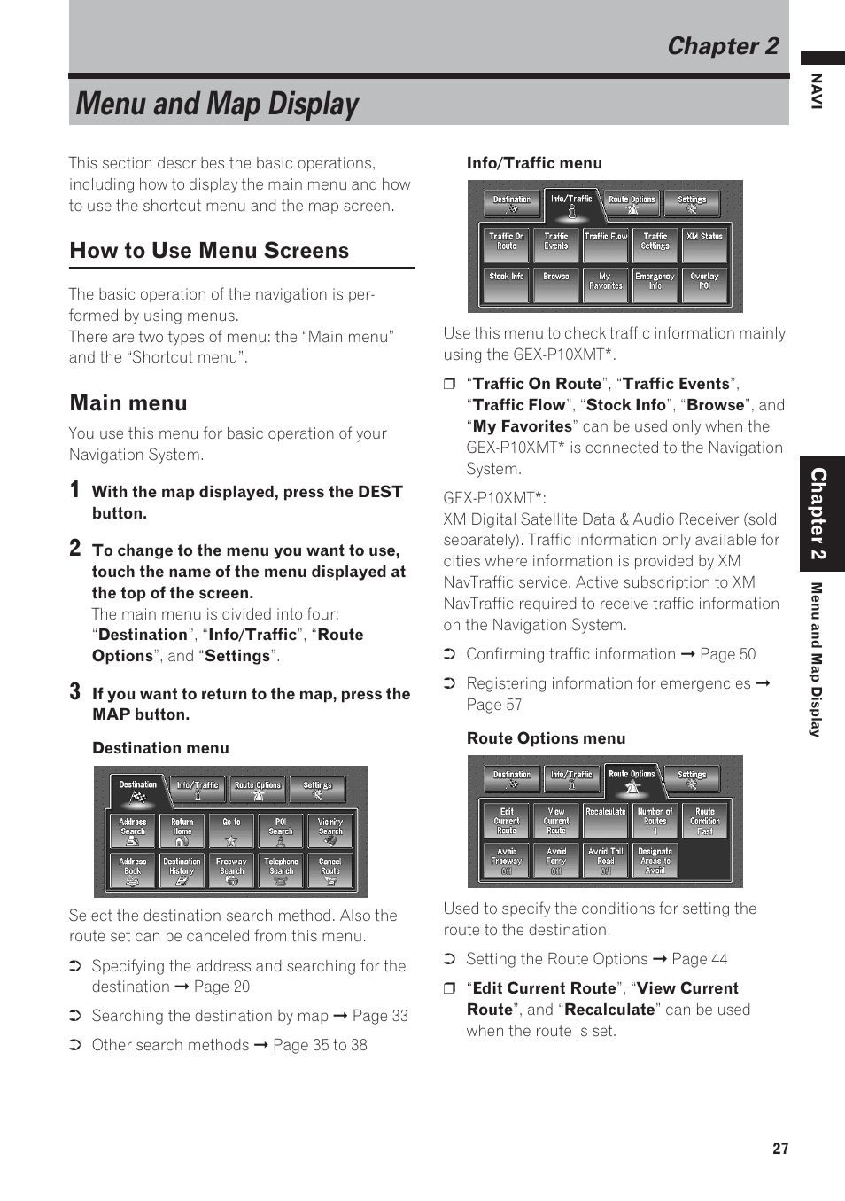 Chapter 2, Menu and map display, How to use menu screens | Main menu | Pioneer AVIC-D1 User Manual | Page 29 / 133