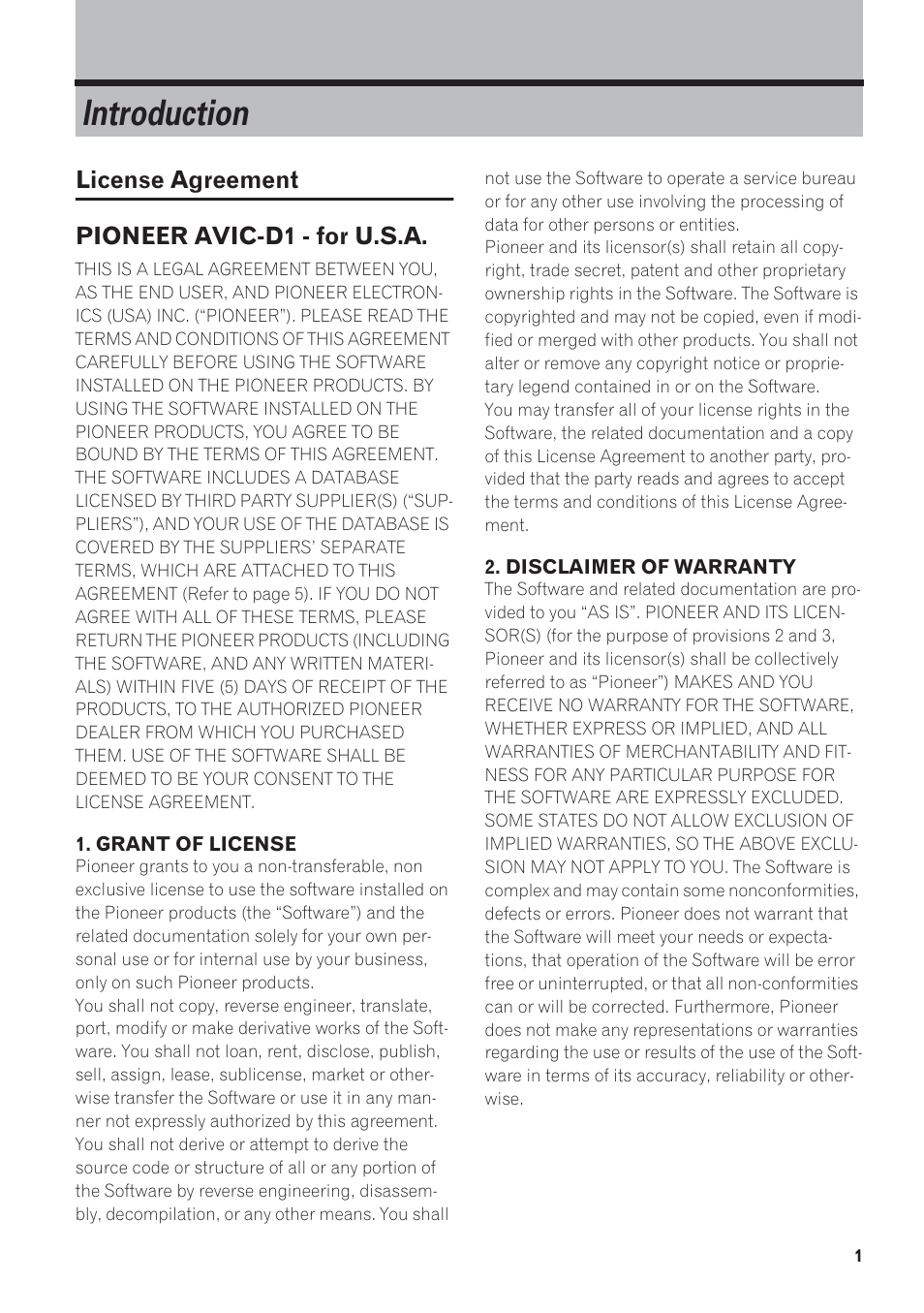 Introduction, License agreement pioneer avic-d1 - for u.s.a | Pioneer AVIC-D1 User Manual | Page 3 / 133
